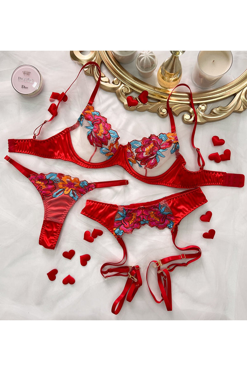 Drune | Satin Durchsichtige Blumen 3 Teile Lingerie Set