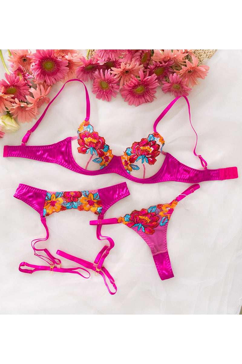 Drune | Satin Durchsichtige Blumen 3 Teile Lingerie Set