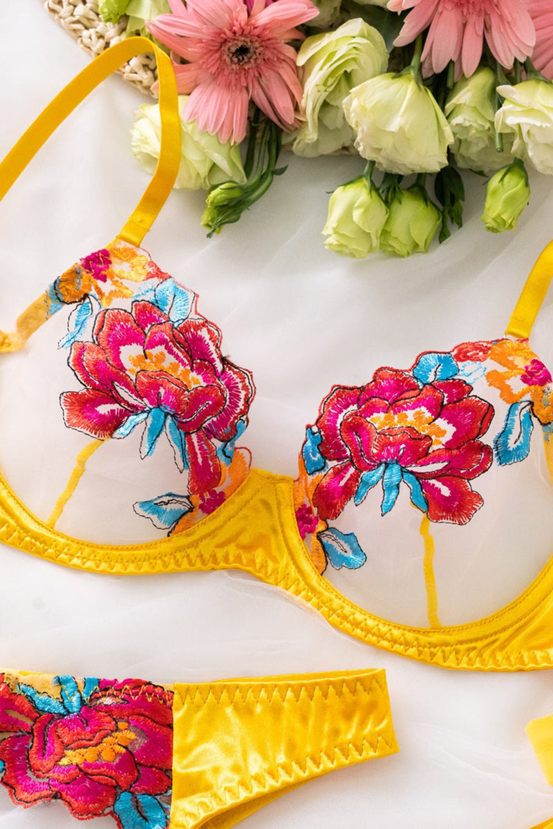 Drune | Satin Durchsichtige Blumen 3 Teile Lingerie Set