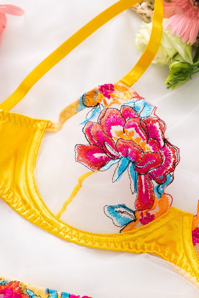 Drune | Satin Durchsichtige Blumen 3 Teile Lingerie Set