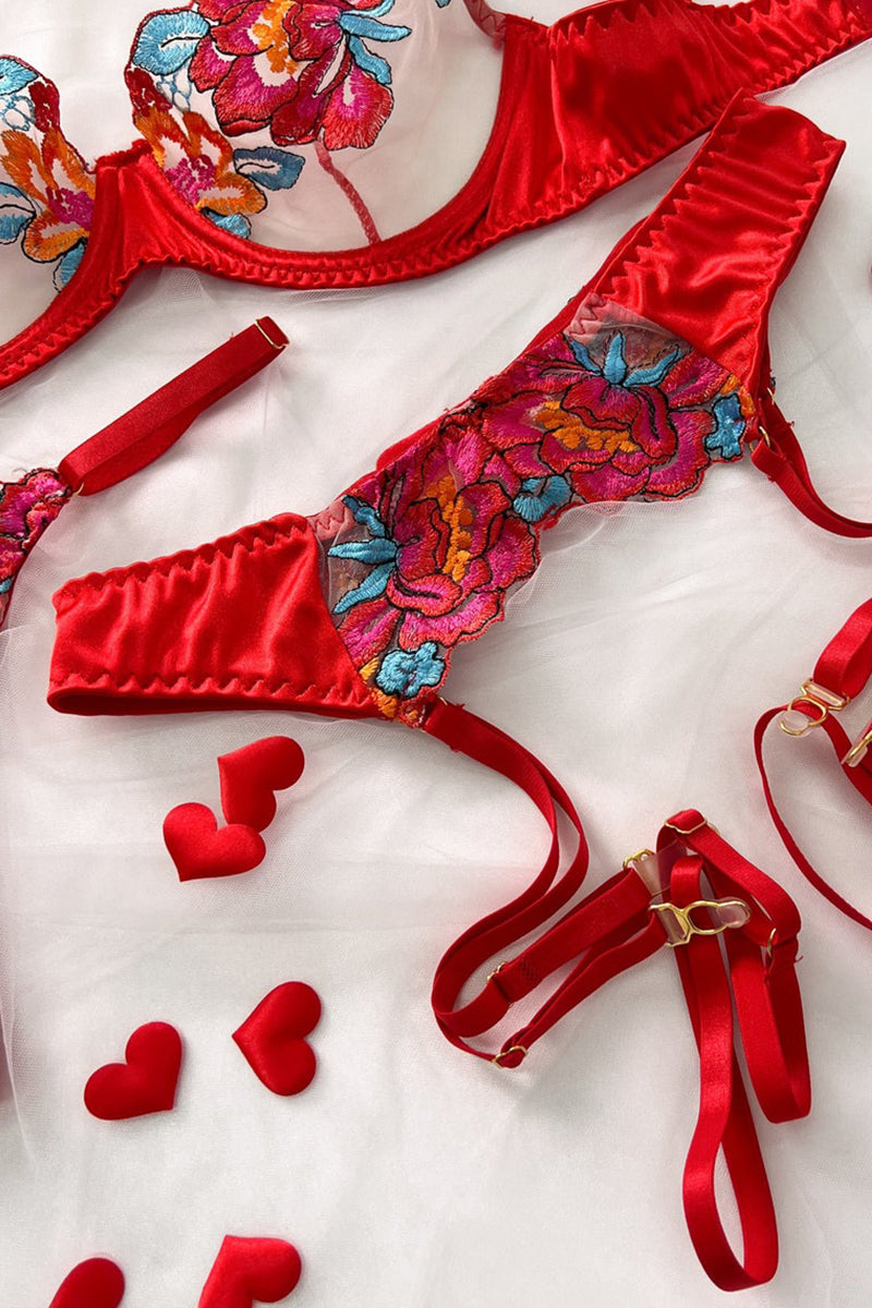 Drune | Satin Durchsichtige Blumen 3 Teile Lingerie Set