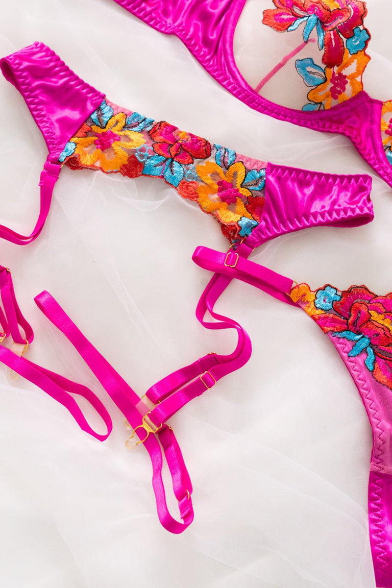 Drune | Satin Durchsichtige Blumen 3 Teile Lingerie Set