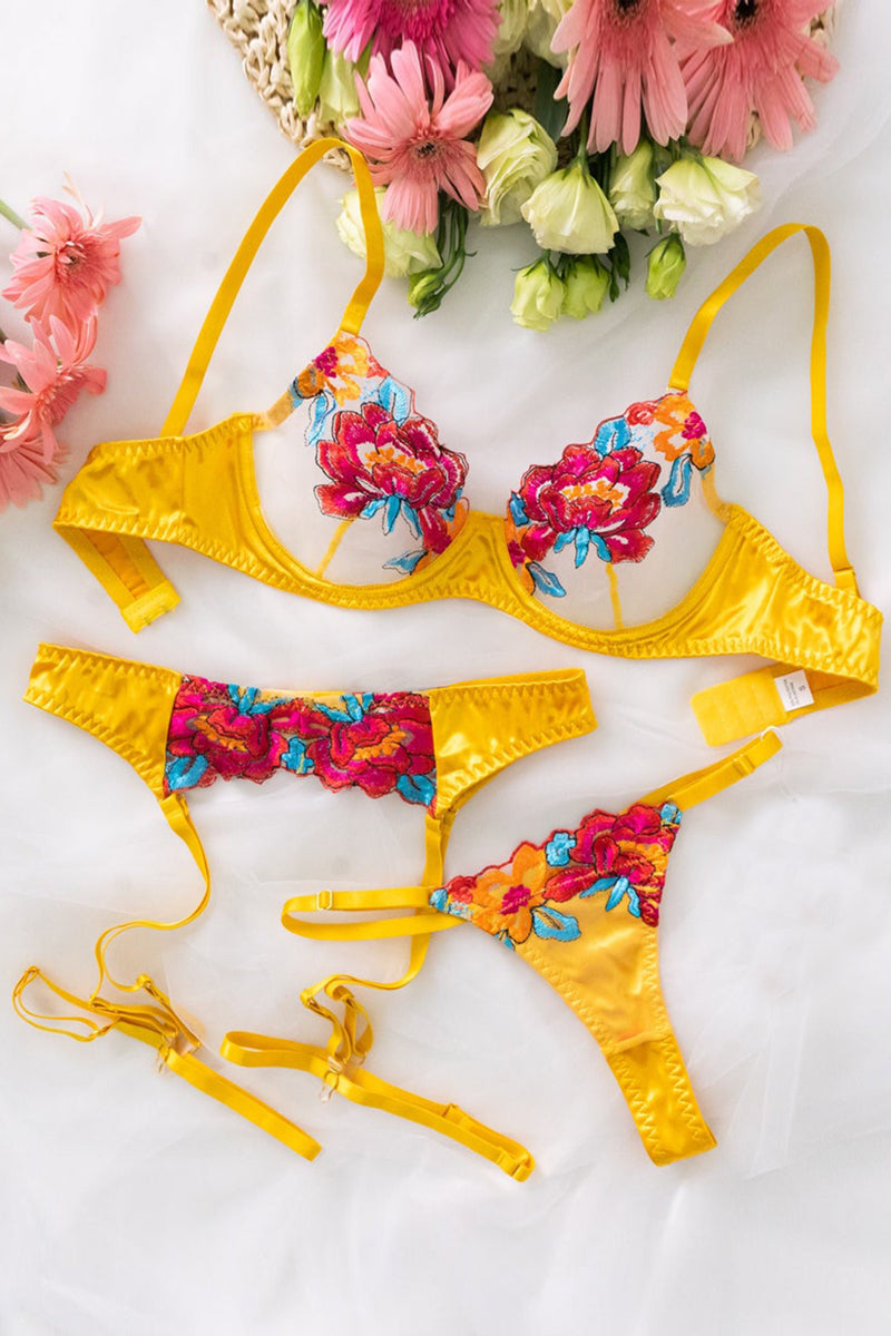Drune | Satin Durchsichtige Blumen 3 Teile Lingerie Set