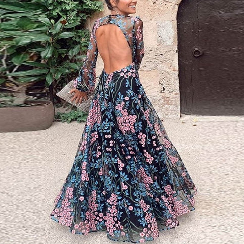 Drune | Vintage Floral Rückenfreies Maxikleid