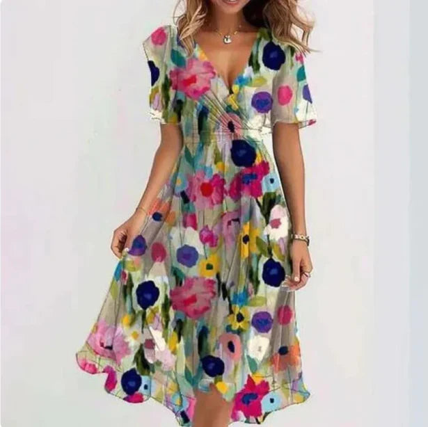 Drune | Blumen V-Ausschnitt Chiffon Midi Kleid für Damen