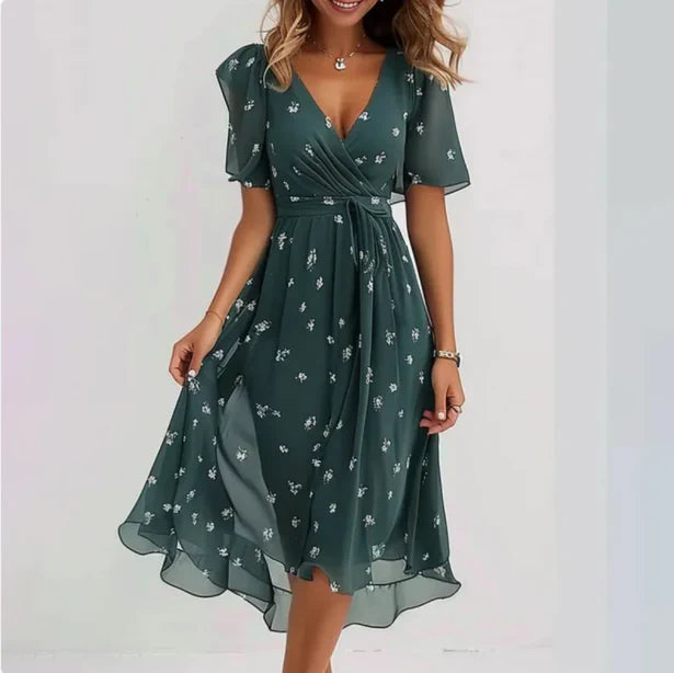 Drune | Blumen V-Ausschnitt Chiffon Midi Kleid für Damen