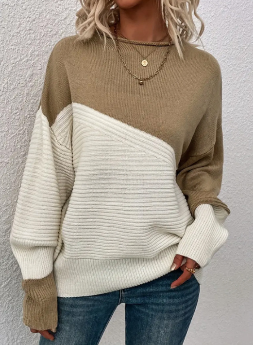 Drune | Pullover - Damen Herbst Zweifarbiger Strickpullover