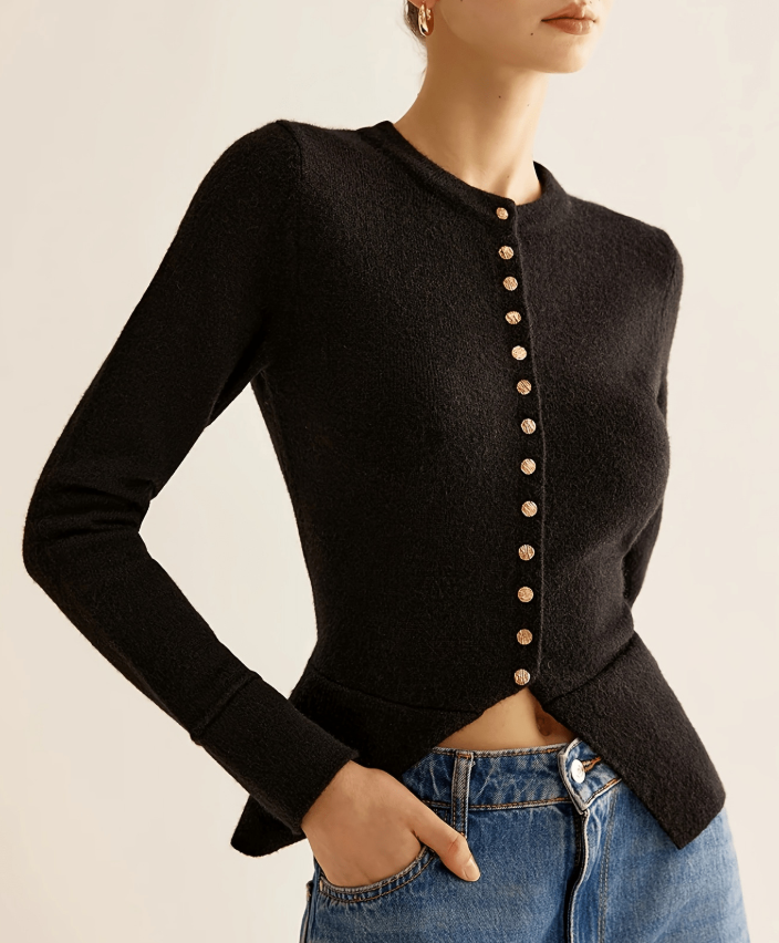 Drune | Cardigan - Frauen Herbst Schwarz Strickjacke mit Knopfleiste