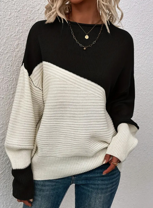Drune | Pullover - Damen Herbst Zweifarbiger Strickpullover