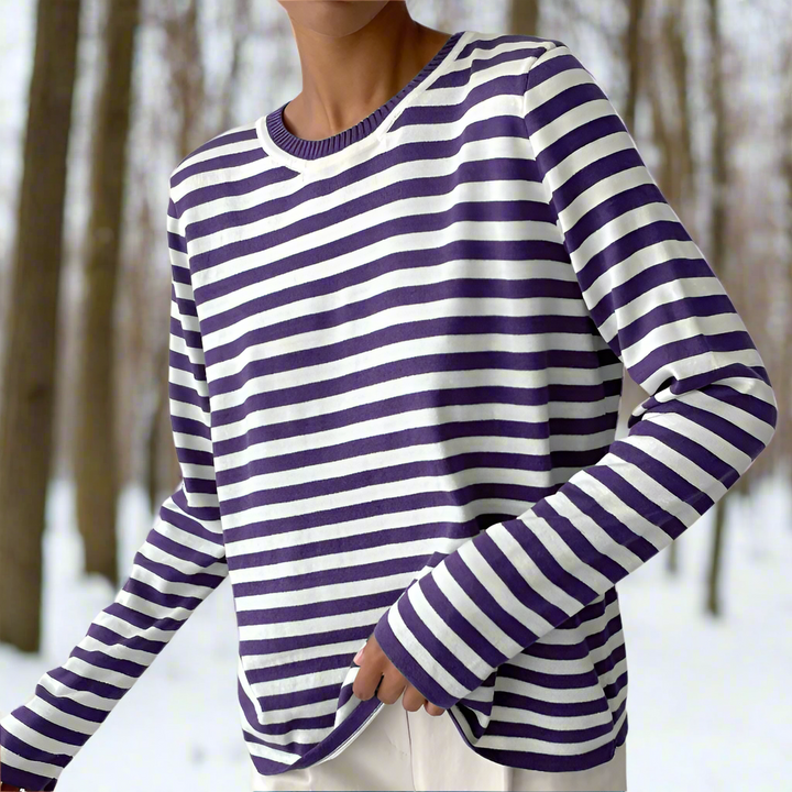 Drune | Langarm-T-Shirt Gestreift Rundhals Relaxed Fit Atmungsaktive Baumwolle