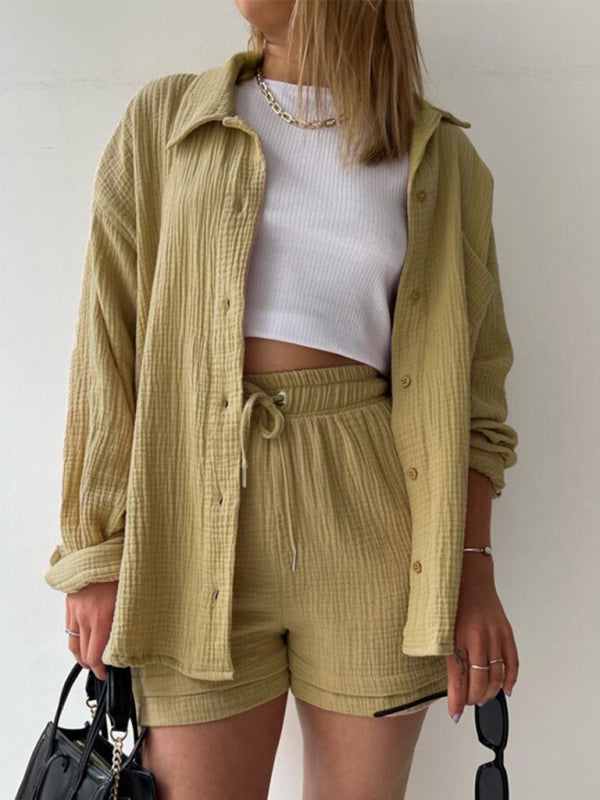Drune | Damen Einfarbiges Reverskragen Hemd & Shorts Zweiteiliges Set
