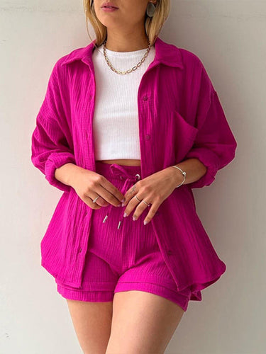 Drune | Damen Einfarbiges Reverskragen Hemd & Shorts Zweiteiliges Set