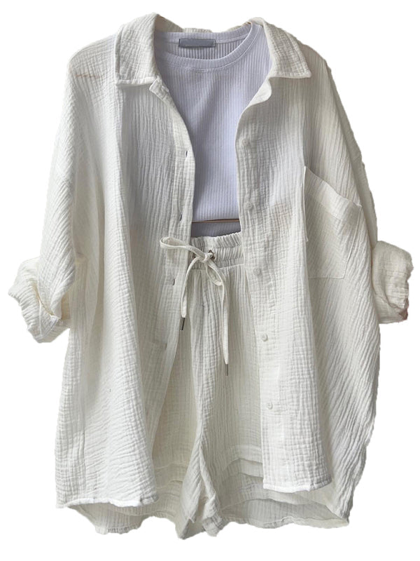 Drune | Damen Einfarbiges Reverskragen Hemd & Shorts Zweiteiliges Set