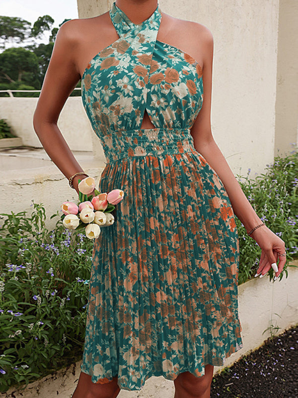 Drune | Damen Woven Sexy Halter Neck Rückenfreies Blumen Kleid