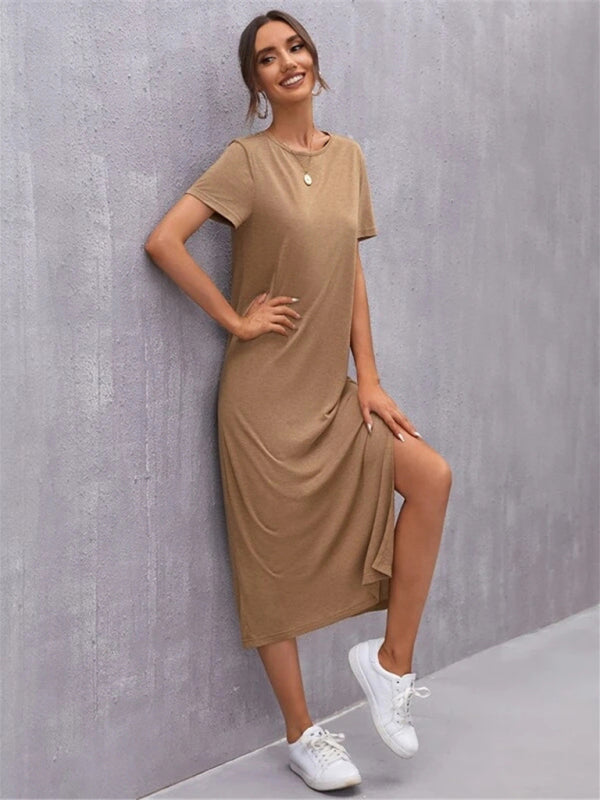 Drune | Damen Strickkurzarmkleid Rundhals Schlitz Mid Rock