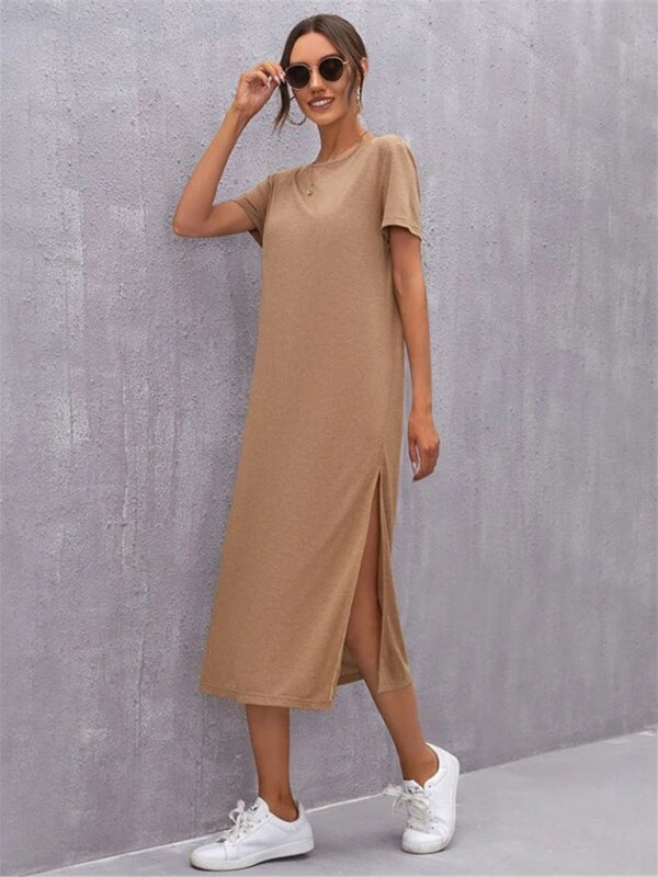 Drune | Damen Strickkurzarmkleid Rundhals Schlitz Mid Rock