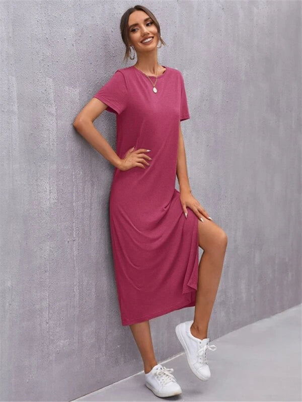 Drune | Damen Strickkurzarmkleid Rundhals Schlitz Mid Rock