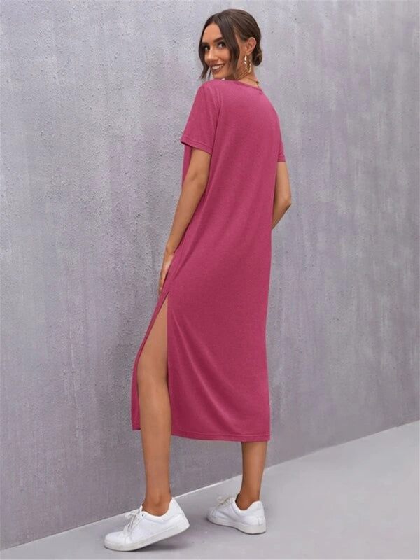 Drune | Damen Strickkurzarmkleid Rundhals Schlitz Mid Rock