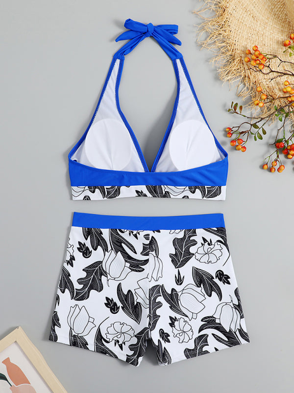 Drune | Damen Hohe Taille Boxer Bindung Bedruckt Einfarbiges Panel Bikini