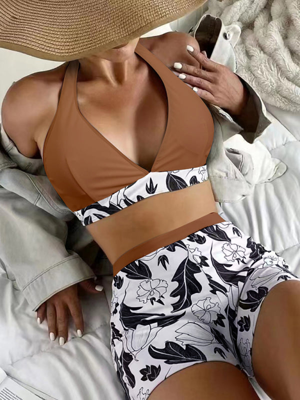 Drune | Damen Hohe Taille Boxer Bindung Bedruckt Einfarbiges Panel Bikini