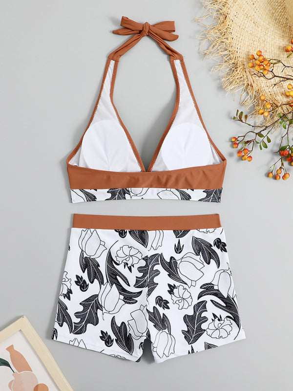 Drune | Damen Hohe Taille Boxer Bindung Bedruckt Einfarbiges Panel Bikini