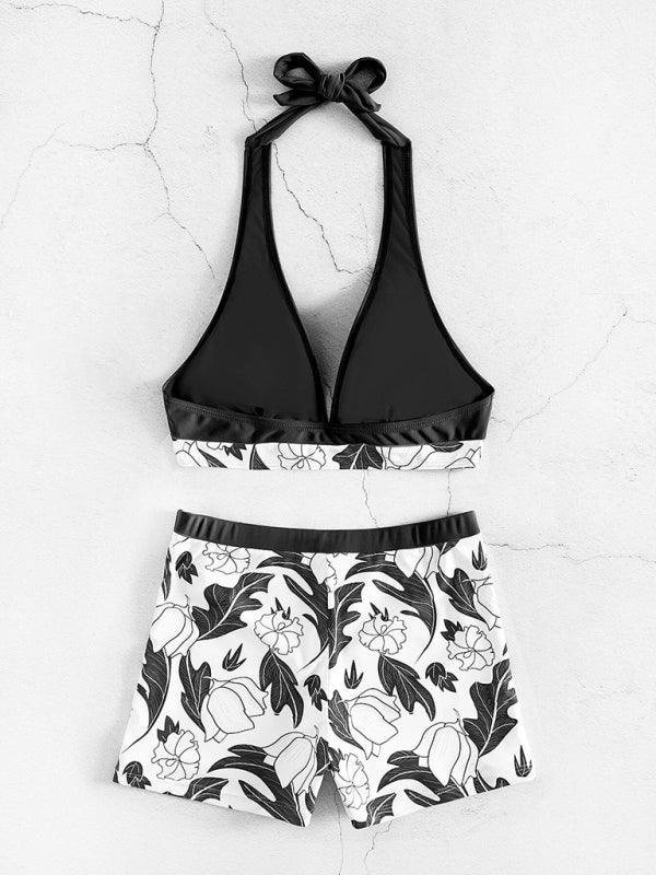 Drune | Damen Hohe Taille Boxer Bindung Bedruckt Einfarbiges Panel Bikini