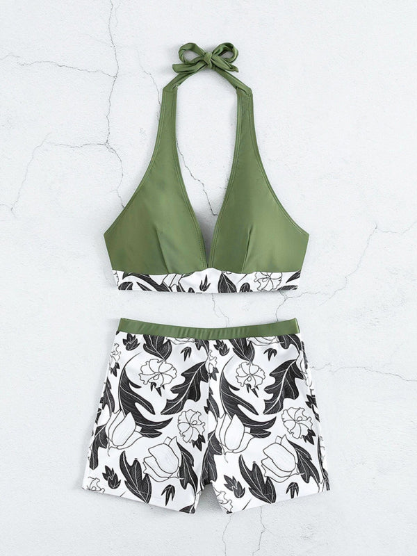 Drune | Damen Hohe Taille Boxer Bindung Bedruckt Einfarbiges Panel Bikini