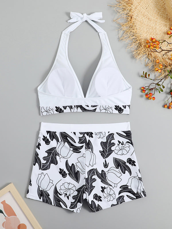 Drune | Damen Hohe Taille Boxer Bindung Bedruckt Einfarbiges Panel Bikini
