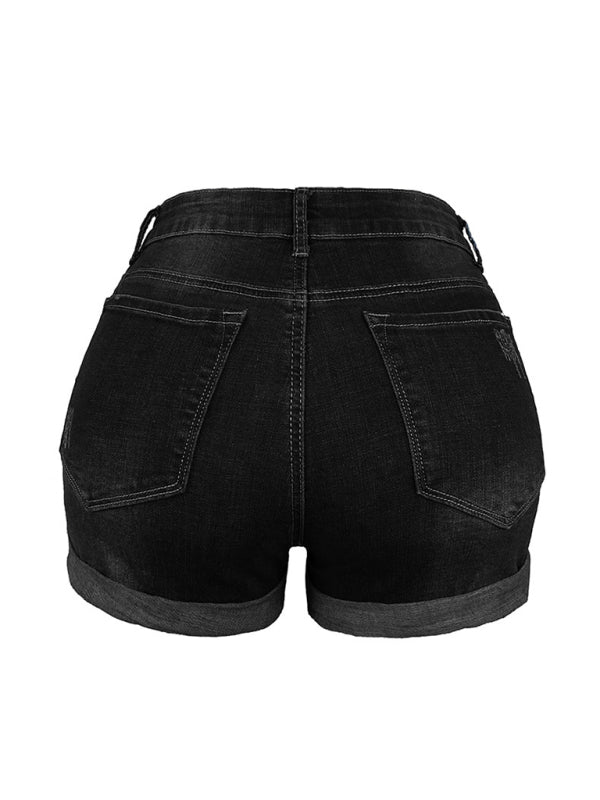 Drune | Damen Stretch Mittelhohe Denim-Shorts mit Löchern