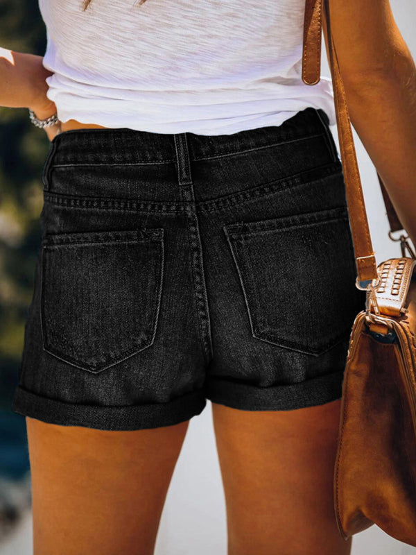 Drune | Damen Stretch Mittelhohe Denim-Shorts mit Löchern