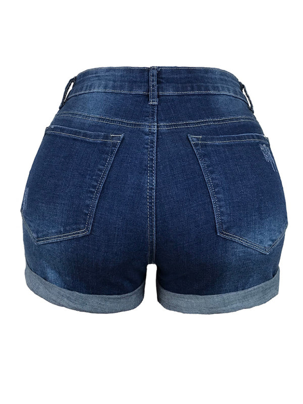 Drune | Damen Stretch Mittelhohe Denim-Shorts mit Löchern