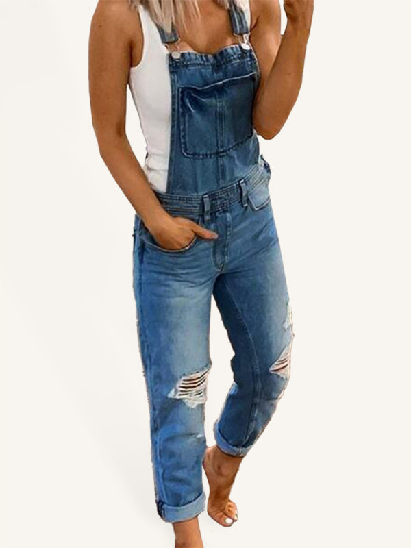 Drune | Doppel Schulter Träger Zerrissener Denim Overall Damen Lässig