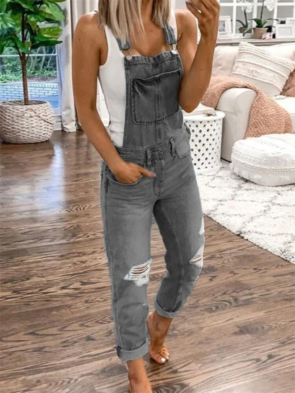 Drune | Doppel Schulter Träger Zerrissener Denim Overall Damen Lässig