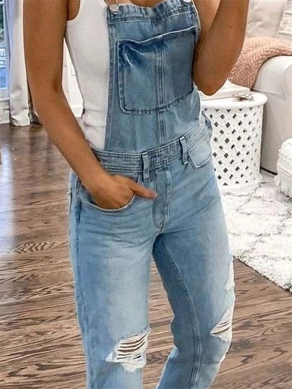 Drune | Doppel Schulter Träger Zerrissener Denim Overall Damen Lässig
