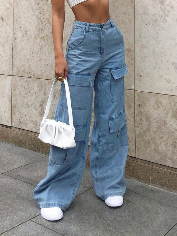 Drune | Damen Denim Mehrfach Taschen Lockere Freizeit Cargo Hose