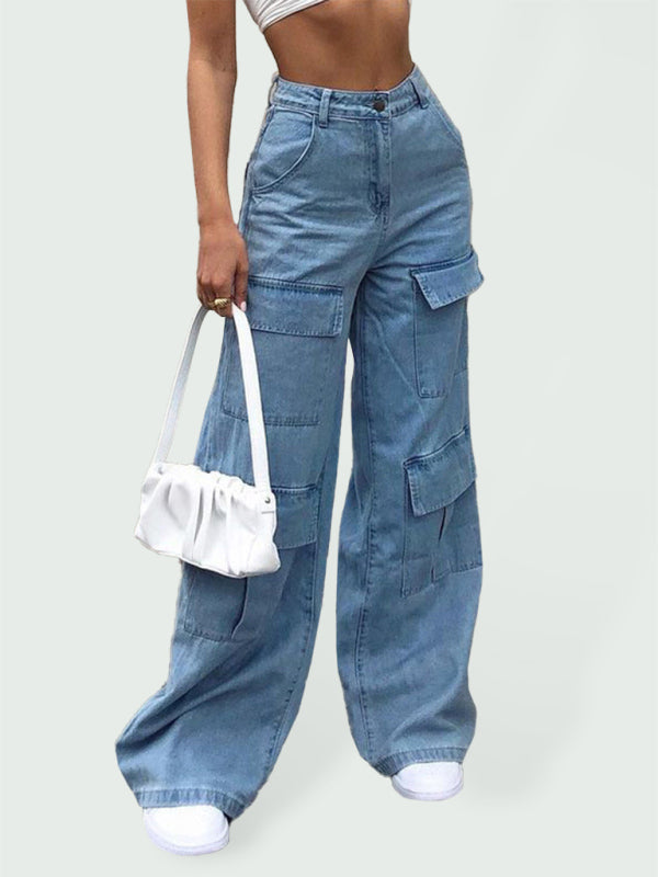 Drune | Damen Denim Mehrfach Taschen Lockere Freizeit Cargo Hose
