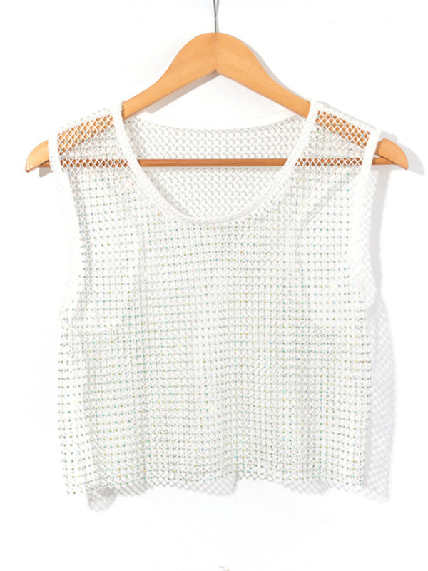 Drune | Sexy Mesh Blitz Diamant Fischernetz Weste Nachtclub Perspektive heißes Mädchen T-Shirt Top