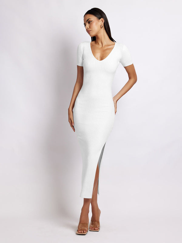 Drune | Damen Strick V-Ausschnitt enganliegend Schlitz Kurzarm Midikleid