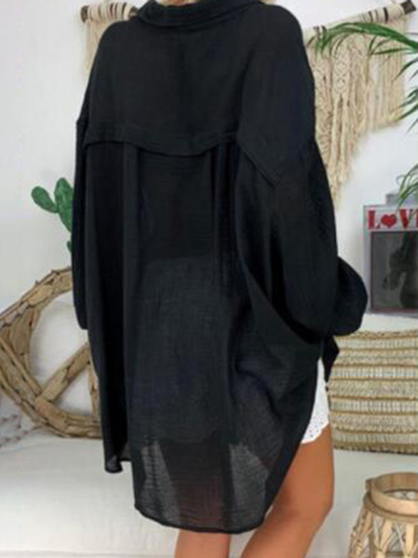 Drune | Baumwoll-Leinen-Shirt Plus Size Damen Knopf Locker Langarm Freizeitshirt Damen Oberteile
