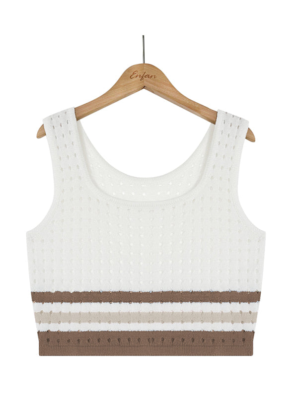 Drune | Khaki Streifenmuster Offene Masche Crop Top & Bleistiftrock Satz