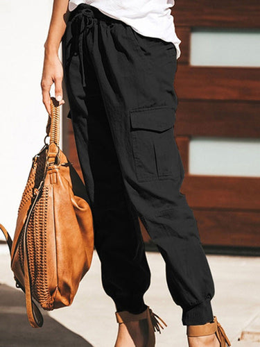 Drune | Damen Einfarbige Casual Mode Tasche Krawatte Cargo Hose Damen Hosen