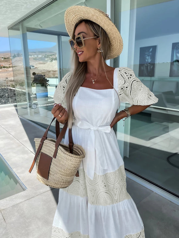 Drune | Damen Gewebtes Quadrat Ausschnitt Hohles Häkel Mosaik Lässiges Langes Kleid