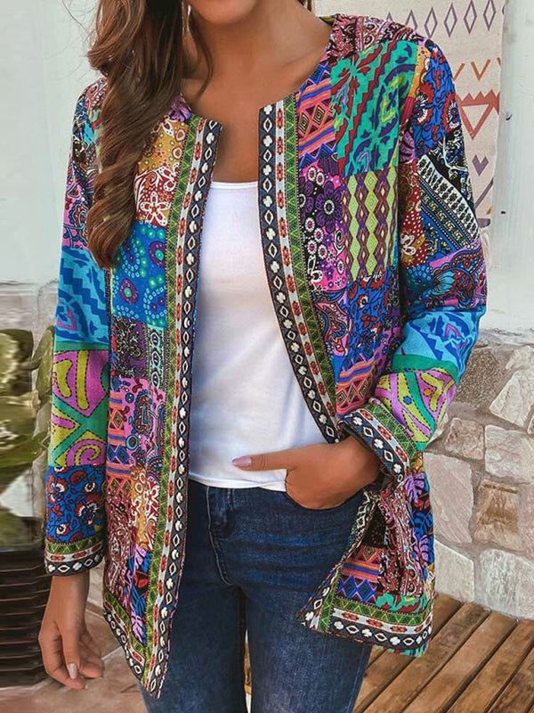 Drune | Lässige retro Baumwolle und Leinen bedruckte lockere langärmelige Cardiganjacke