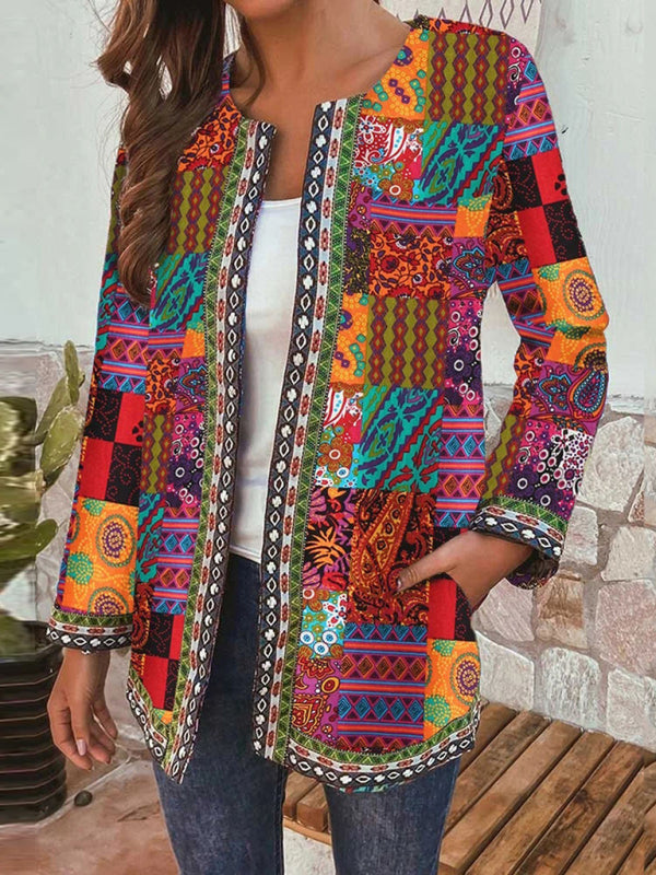 Drune | Lässige retro Baumwolle und Leinen bedruckte lockere langärmelige Cardiganjacke
