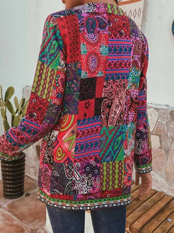 Drune | Lässige retro Baumwolle und Leinen bedruckte lockere langärmelige Cardiganjacke