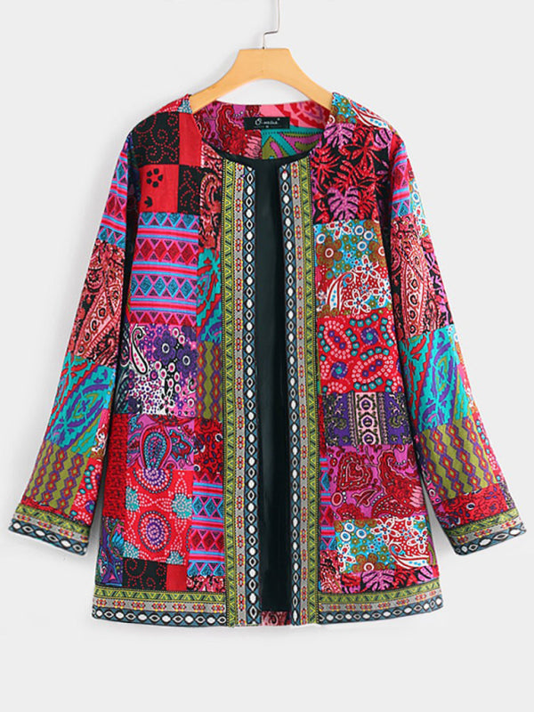 Drune | Lässige retro Baumwolle und Leinen bedruckte lockere langärmelige Cardiganjacke