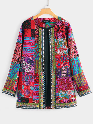 Drune | Lässige retro Baumwolle und Leinen bedruckte lockere langärmelige Cardiganjacke