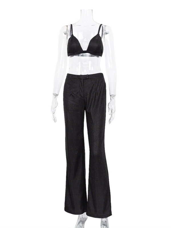 Drune | Neue Camisole, schmal gerade High-Waist-Hosen, sexy Paillettenjacke Anzug Set (drei-teiliges Set)