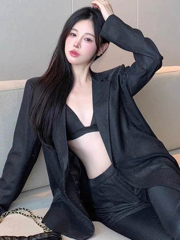 Drune | Neue Camisole, schmal gerade High-Waist-Hosen, sexy Paillettenjacke Anzug Set (drei-teiliges Set)