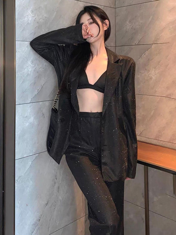 Drune | Neue Camisole, schmal gerade High-Waist-Hosen, sexy Paillettenjacke Anzug Set (drei-teiliges Set)